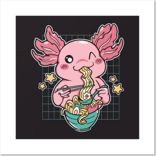 Kawaii Axolotl Eating Ramen // Cute Axolotl Ramen Anime Posters and Art